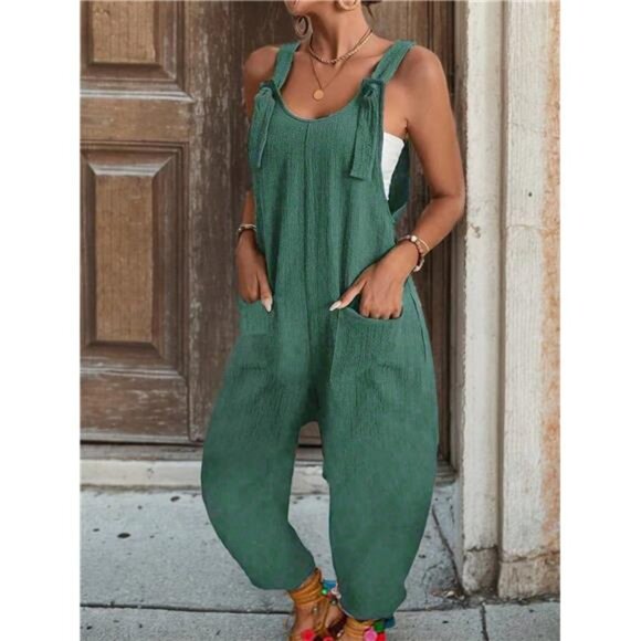 Variété Boutique Pants - Solid Color Jumpsuit With Pockets, Sleeveless And Thick Shoulder Straps, Summer